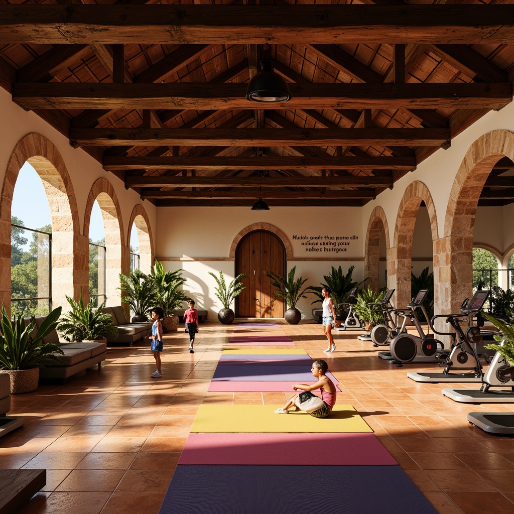 Prompt: Warm Mediterranean gymnasium, terracotta flooring, dark wood accents, natural stone walls, arched windows, vaulted ceiling, rustic wooden beams, soft warm lighting, 1/1 composition, realistic textures, ambient occlusion, exercise equipment, free weights, treadmills, stationary bikes, mirrored walls, inspirational quotes, tropical plants, vibrant colorful mats, dynamic workout areas, flexible flooring, sound-absorbing materials, acoustic panels.