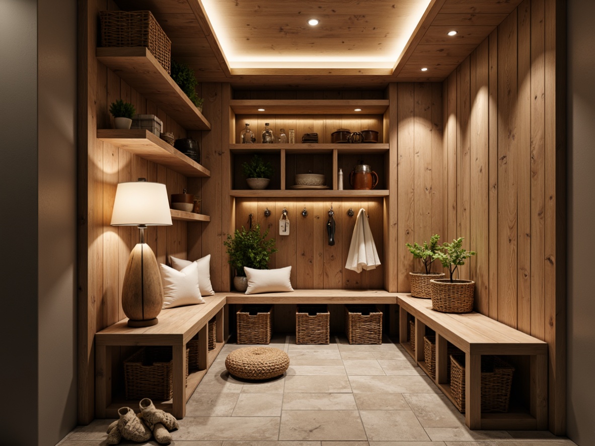 Prompt: Cozy mudroom, rustic wooden benches, woven baskets, warm earthy tones, soft ambient lighting, table lamps, pendant lights, natural textures, stone flooring, wooden accents, modern farmhouse style, bright overhead lighting, LED strips, warm white glow, cozy nooks, built-in shelves, industrial metal hooks, functional storage, 3/4 composition, shallow depth of field, realistic render.