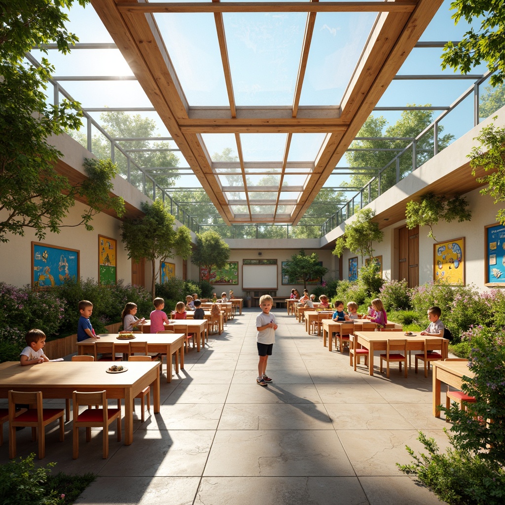 Prompt: \Vibrant kindergarten classroom, large windows, skylights, transparent roofs, natural stone floors, wooden tables, colorful chairs, educational posters, interactive whiteboards, soft warm lighting, shallow depth of field, 3/4 composition, panoramic view, realistic textures, ambient occlusion, playful atmosphere, joyful children, blooming plants, green walls, sunny day, gentle breezes, open floor plan, flexible seating arrangements.\