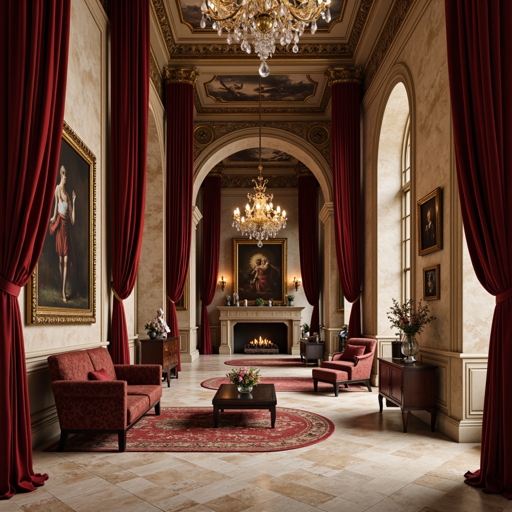 Prompt: Luxurious velvet drapes, rich walnut wood tones, ornate golden frames, soft candlelight, warm beige stone walls, intricately patterned rugs, lavish crimson red accents, subtle cream-colored marble, elegant curved lines, refined Baroque details, opulent crystal chandeliers, dramatic high ceilings, mysterious shadowy corners, warm inviting atmosphere, Renaissance-inspired frescoes, classical architectural elements, sophisticated earthy tones.