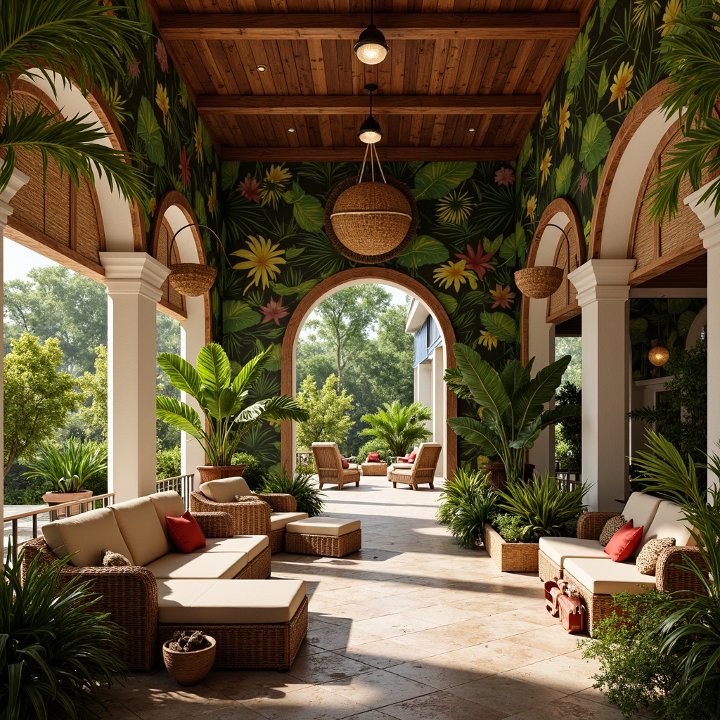 Prompt: Vibrant tropical hall, exotic palm trees, lush greenery, colorful floral patterns, woven rattan furniture, natural fiber textiles, bamboo accents, earthy tone color palette, warm soft lighting, shallow depth of field, 1/2 composition, relaxed atmosphere, airy open space, wooden ceiling fans, natural stone floors, woven basket decorations, tropical leaf-inspired motifs, bold vibrant colors, eclectic global decor, intricate tribal patterns.