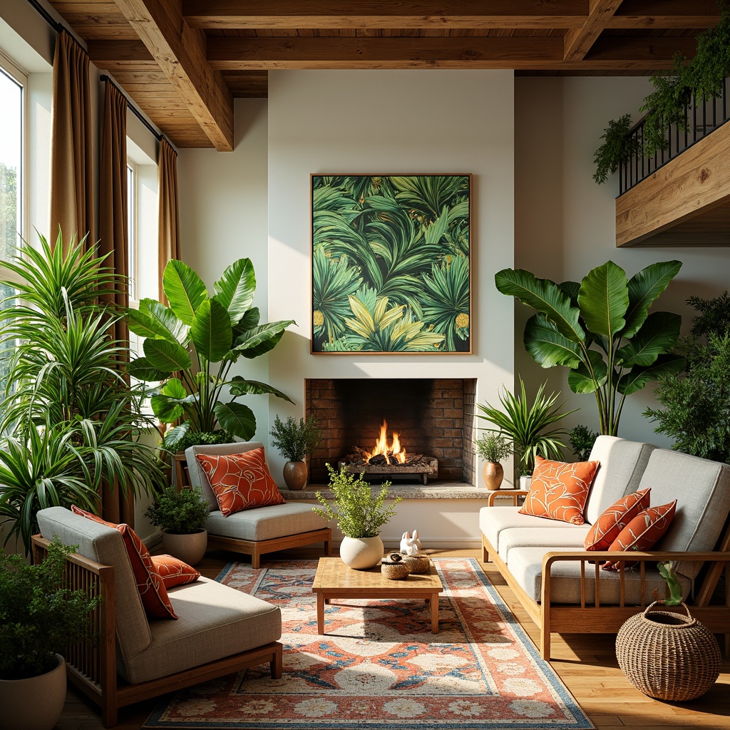 Prompt: Vibrant living room, lush greenery, potted plants, natural textures, wooden furniture, earthy tones, cozy ambiance, warm lighting, rattan decor, botanical prints, wicker accents, airy atmosphere, organic shapes, playful patterns, colorful vases, lively colors, morning sunlight, shallow depth of field, 1/1 composition, realistic renderings, ambient occlusion.