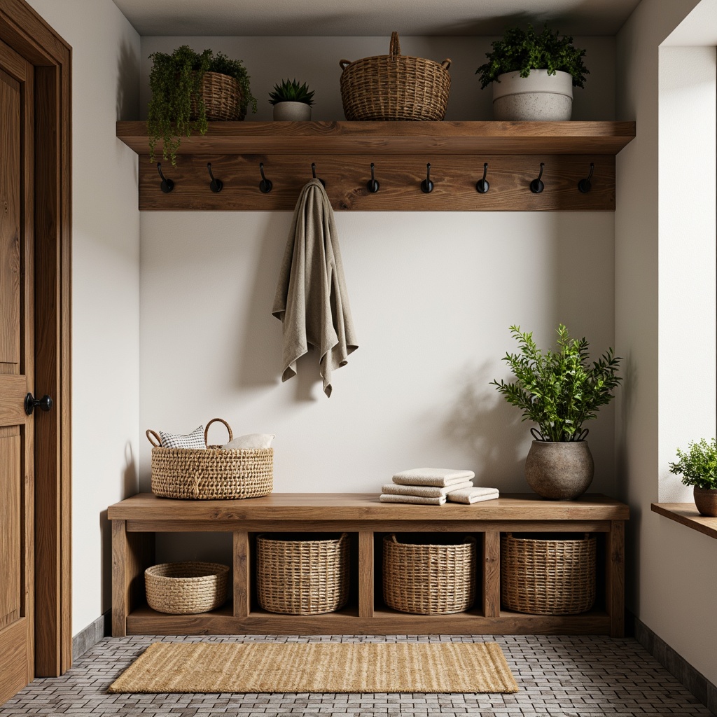 Prompt: Rustic wooden bench, woven wicker storage baskets, natural fiber rugs, geometric patterned tiles, minimalist metal hooks, industrial-style shelving units, reclaimed wood accents, earthy tone color palette, warm task lighting, 3/4 composition, shallow depth of field, panoramic view, realistic textures, ambient occlusion.