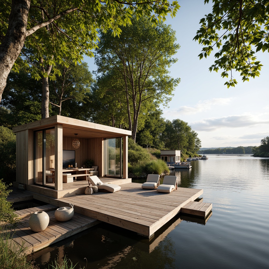 Prompt: Waterfront boathouse, rustic wooden docks, serene lake scenery, surrounding lush greenery, floor-to-ceiling windows, sliding glass doors, open-plan living area, natural stone walls, exposed wooden beams, minimalist decor, warm earthy tones, soft diffused lighting, shallow depth of field, 1/2 composition, panoramic view, realistic textures, ambient occlusion.