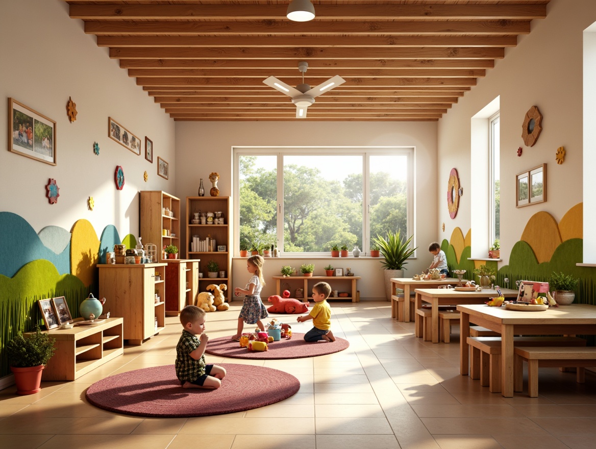 Prompt: Vibrant kindergarten interior, warm cozy lighting, soft pastel colors, whimsical decorations, playful furniture, educational toys, interactive displays, natural wood accents, circular tables, colorful rugs, gentle overhead lighting, table lamps, floor lamps, LED light installations, creative shadow play, diffused warm glow, 1/1 composition, shallow depth of field, realistic textures.