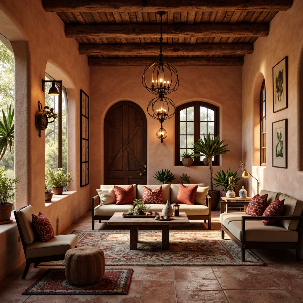 Prompt: Rustic southwestern decor, earthy tones, warm terracotta hues, woven textiles, natural fiber rugs, distressed wood accents, wrought iron chandeliers, pendant lanterns, metal sconces, candle-inspired lighting, vintage metal shades, ornate ceramic tiles, stucco walls, arched windows, wooden ceiling beams, warm ambient glow, soft warm lighting, dramatic shadows, 1/1 composition, realistic textures.