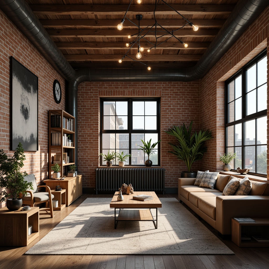 Prompt: Industrial chic interior, exposed brick walls, metal pipes, reclaimed wood accents, vintage factory lights, distressed concrete floors, urban loft atmosphere, cozy reading nooks, minimalist decor, functional shelving units, eclectic art pieces, warm earthy tones, soft natural lighting, 1/1 composition, shallow depth of field, realistic textures, ambient occlusion.