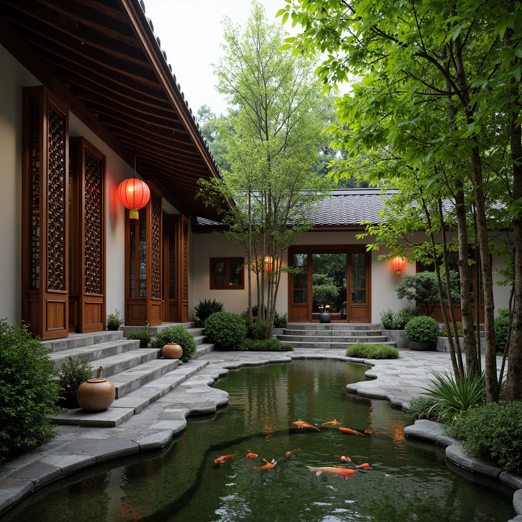 Prompt: Serene Asian courtyard, tranquil koi pond, lush green bamboo, intricately carved wooden doors, traditional Shoji screens, sliding rice paper windows, natural stone pathways, ornate tile roofs, curved eaves, vibrant red lanterns, subtle warm lighting, shallow depth of field, 1/2 composition, intimate interior spaces, harmonious balance of yin and yang elements, Asian-inspired patterns, delicate cherry blossom motifs, soft natural textiles, subtle fragrance of incense.