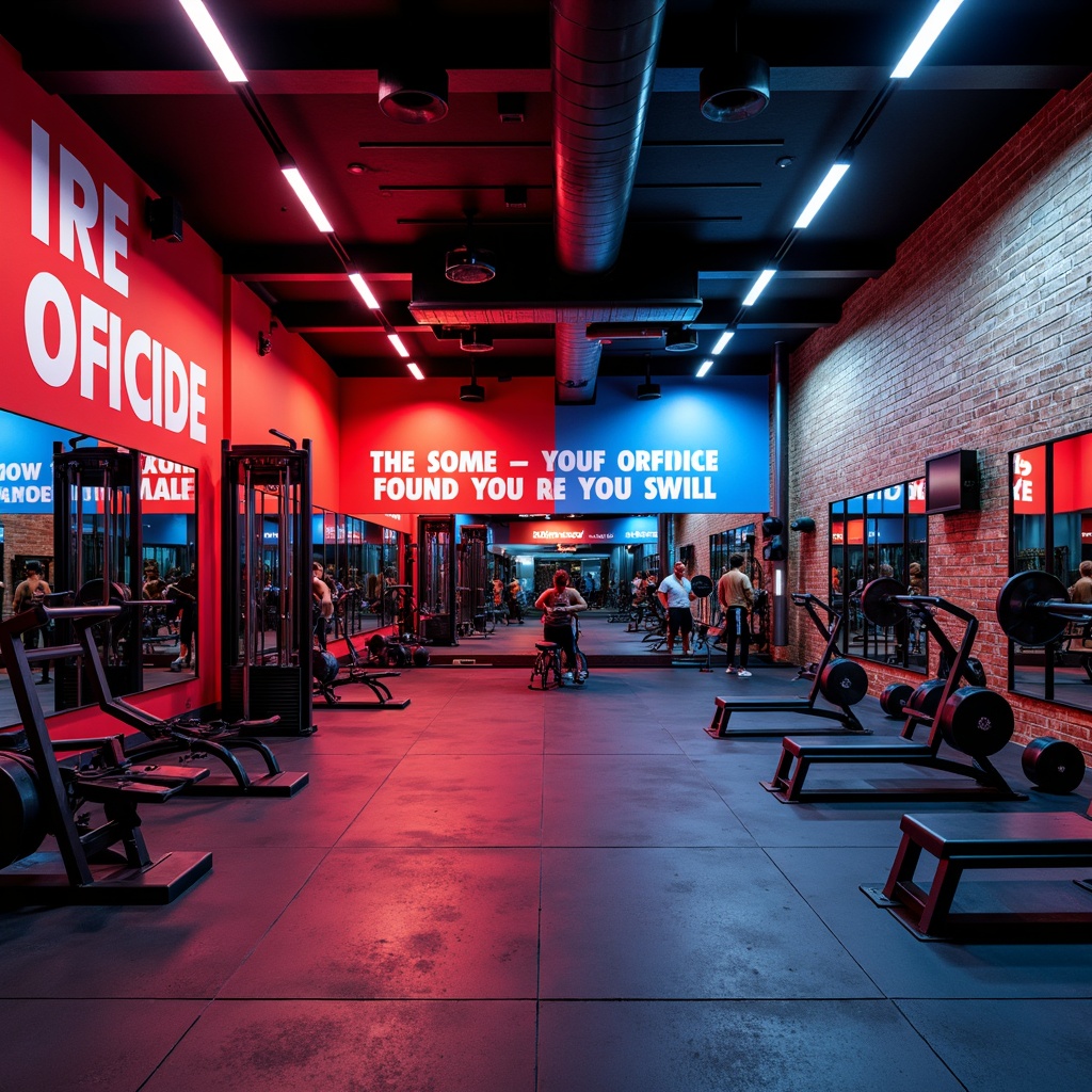 Prompt: Vibrant home gym, bold color scheme, dynamic lighting, motivational quotes, industrial metal equipment, rubber flooring, mirrored walls, modern minimalist decor, sleek wooden accents, energizing bright colors, intense red tones, calming blue hues, neutral gray backgrounds, high-contrast shading, dramatic spotlights, 1/2 composition, sharp angular lines, realistic textures, ambient occlusion.