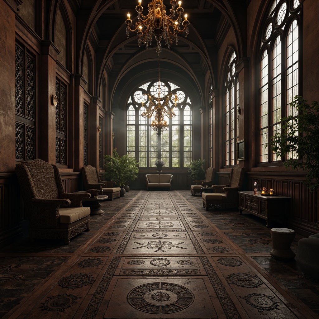 Prompt: Dark wood flooring, worn stone tiles, ornate engravings, mystical symbols, medieval-inspired patterns, distressed finishes, rich walnut hues, intricate mosaics, vaulted ceilings, stained glass windows, grand chandeliers, mysterious ambiance, dim warm lighting, foggy atmosphere, 1/1 composition, dramatic shadows, high-contrast rendering, detailed textures.