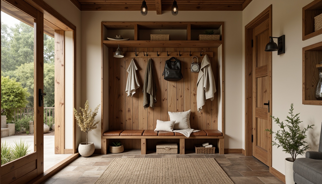 Prompt: Rustic mudroom, natural wood accents, earthy tones, warm beige walls, weathered stone floors, cozy textiles, vintage metal hooks, distressed leather benches, woven baskets, soft warm lighting, shallow depth of field, 3/4 composition, realistic textures, ambient occlusion.