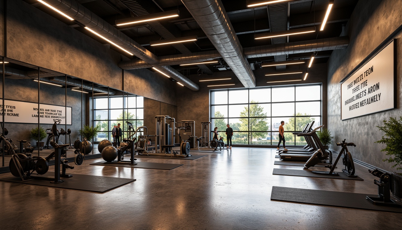 Prompt: Modern home gym, industrial-style lighting fixtures, exposed ductwork, polished concrete floors, mirrored walls, motivational quotes, state-of-the-art exercise equipment, free weights, treadmills, yoga mats, fitness balls, sound systems, high ceilings, large windows, natural light, soft warm glow, spotlights on equipment, LED strip lights, metallic accents, minimalist decor, functional layout, open floor plan, urban loft-inspired design, textured walls, bold color schemes, energizing atmosphere.