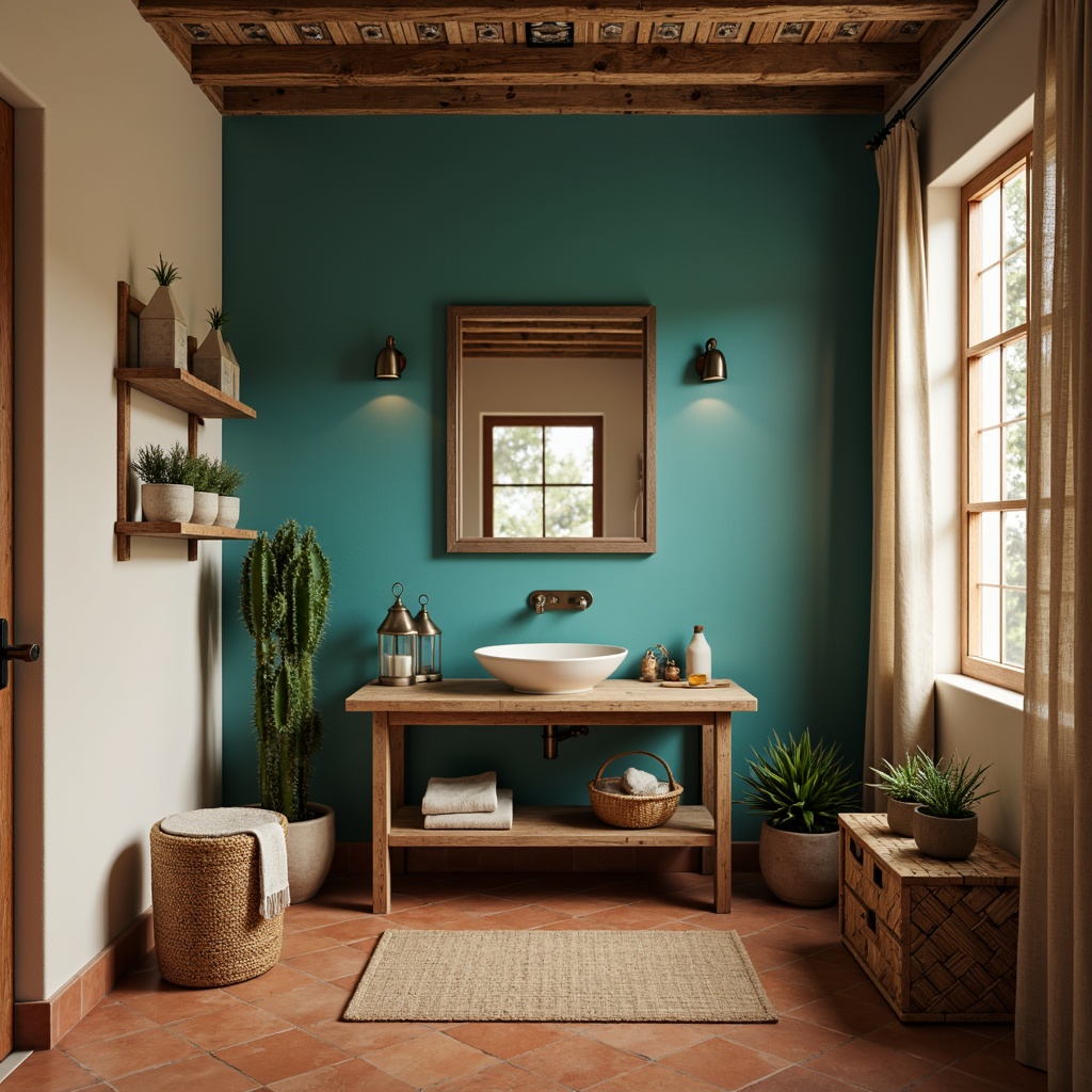 Prompt: Turquoise powder room, rustic wooden vanity, earthy terracotta flooring, woven wicker furniture, distressed leather stool, vintage metal lanterns, natural linen drapes, cactus-inspired decorative accents, warm beige walls, reclaimed wood shelving, ornate tin ceiling tiles, soft warm lighting, shallow depth of field, 1/1 composition, realistic textures, ambient occlusion.