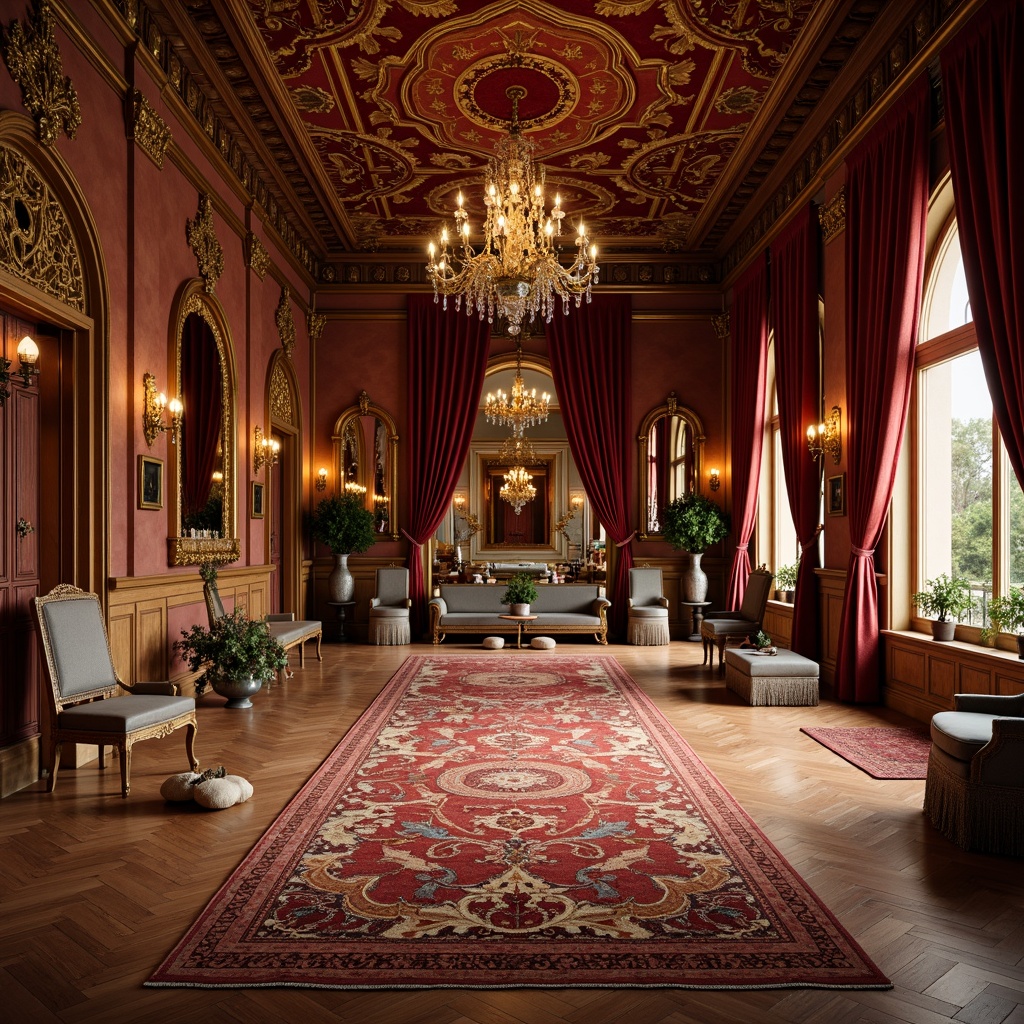 Prompt: Luxurious Renaissance-style fitness interior, rich velvet fabrics, ornate golden embroidery, lavish silk drapes, intricately patterned rugs, warm terracotta flooring, rustic wooden accents, ornamental mirrors, grand crystal chandeliers, soft warm lighting, dramatic archways, classical columns, opulent furnishings, regal color palette, majestic atmosphere, 1/1 composition, shallow depth of field, realistic textures, ambient occlusion.