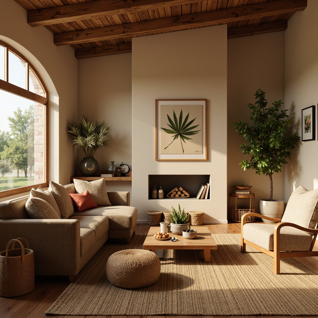 Prompt: Cozy living room, plush velvet sofa, oversized pillows, wooden coffee table, rustic wooden accents, warm beige walls, soft golden lighting, comfortable reading nook, ergonomic armchairs, woven basket storage, natural fiber rugs, calming botanical prints, serene atmosphere, shallow depth of field, 1/1 composition, realistic textures, ambient occlusion.