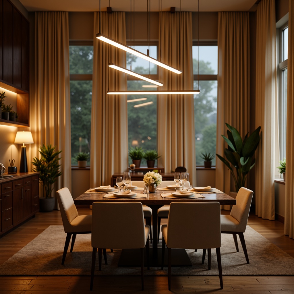 Prompt: Cozy modern dining room, minimalist chandelier, soft warm glow, LED strip lights, sleek pendant lamps, marble countertops, wooden flooring, elegant curtains, comfortable seating, intimate gathering space, relaxing atmosphere, warm beige walls, subtle texture, natural daylight, large windows, sheer drapes, blurred background, shallow depth of field, 1/2 composition, cinematic lighting, realistic reflections.