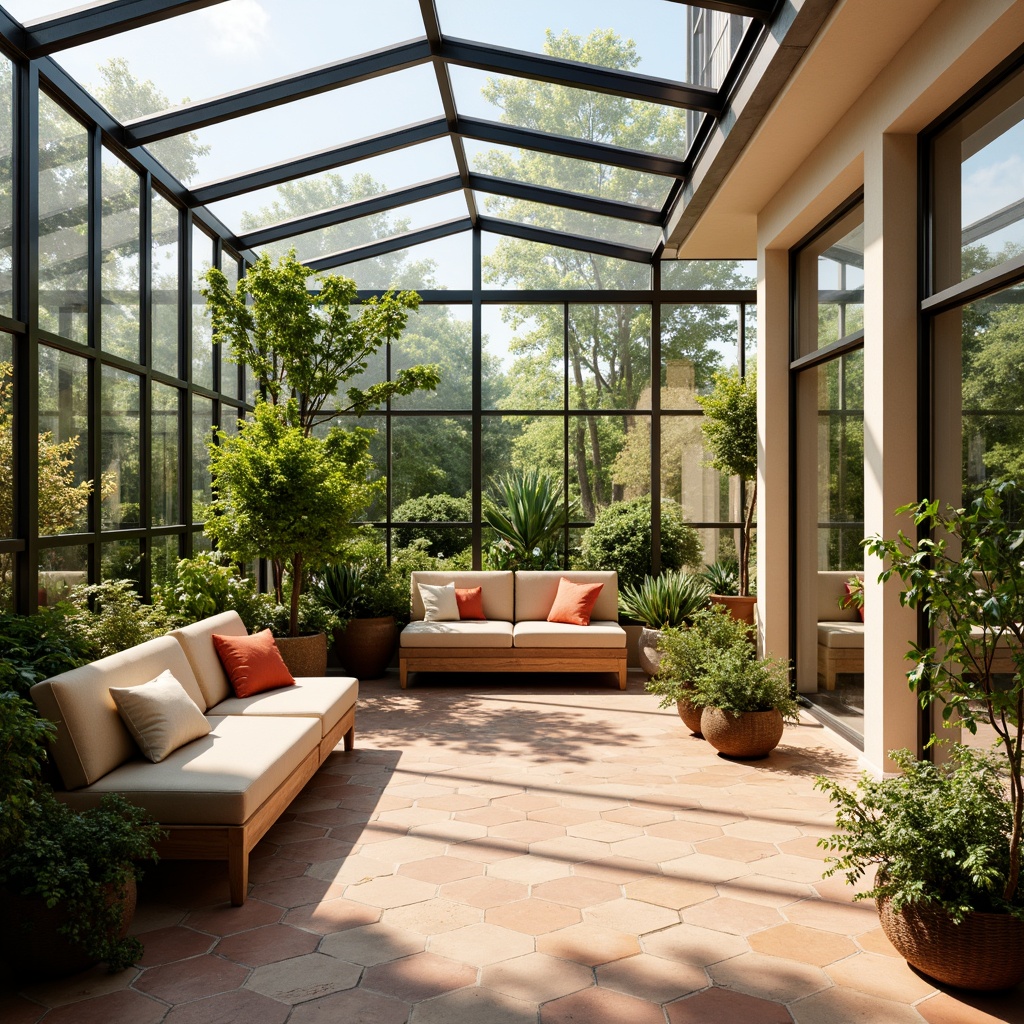 Prompt: Vibrant sunroom, warm natural light, bright cheerful colors, ceramic floor tiles, hexagonal pattern, glass roof, modern minimalist decor, sleek metal frames, sliding doors, lush greenery, potted plants, comfortable seating area, soft cushions, ambient lighting, warm beige tones, cozy atmosphere, shallow depth of field, 1/1 composition, realistic textures, subtle shadows.