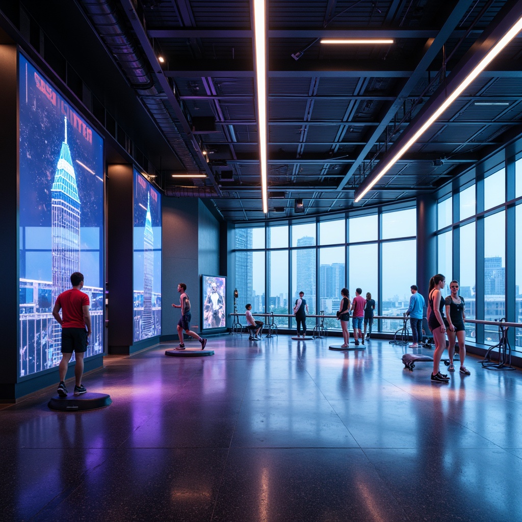 Prompt: Futuristic gymnasium interior, neon-lit corridors, iridescent glass walls, holographic displays, virtual training zones, levitating exercise equipment, minimalist metal beams, polished concrete floors, dynamic LED lighting, immersive sound systems, panoramic windows, cityscape views, urban skyline, misty atmospheric effects, shallow depth of field, 2.5D composition, cinematic camera angles, photorealistic textures, advanced physics simulations.