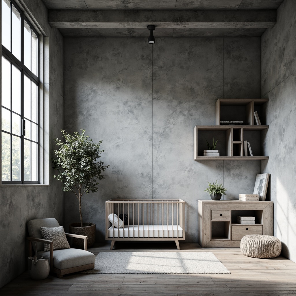 Prompt: Monochromatic baby room, raw concrete walls, industrial metal beams, reclaimed wood flooring, minimalist crib, brutalist-inspired furniture, geometric-shaped shelves, functional storage units, monochrome textiles, cold tone lighting, dramatic shadows, 1/1 composition, high-contrast image, realistic renderings, ambient occlusion.