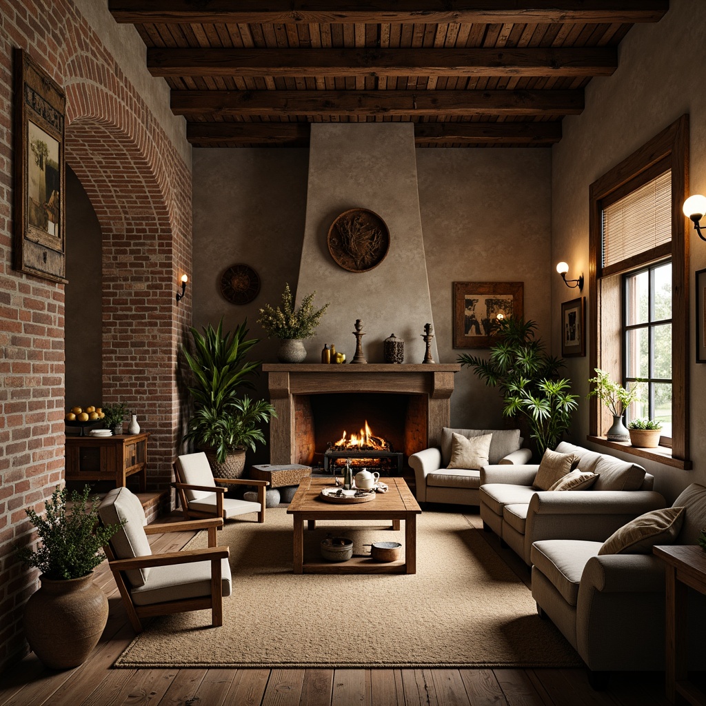 Prompt: Rustic farmhouse, vintage wooden furniture, distressed finishes, earthy color palette, natural textiles, woven baskets, potted plants, exposed brick walls, wooden beams, stone fireplaces, lantern lighting, warm cozy atmosphere, soft candlelight, shallow depth of field, 1/1 composition, realistic textures, ambient occlusion.