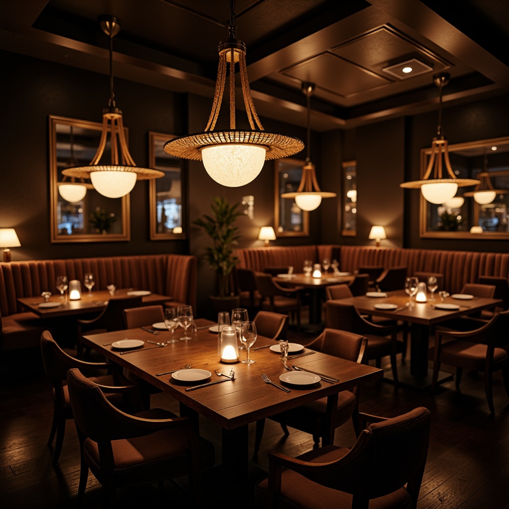 Prompt: Elegant restaurant ambiance, dimmed chandeliers, warm candlelight, subtle floor lamps, cozy table lighting, soft overhead illumination, vintage metal fixtures, ornate glass shades, luxurious fabrics, rich wood tones, intimate seating areas, moody color palette, dramatic shadows, high contrast ratio, cinematic composition, shallow depth of field.