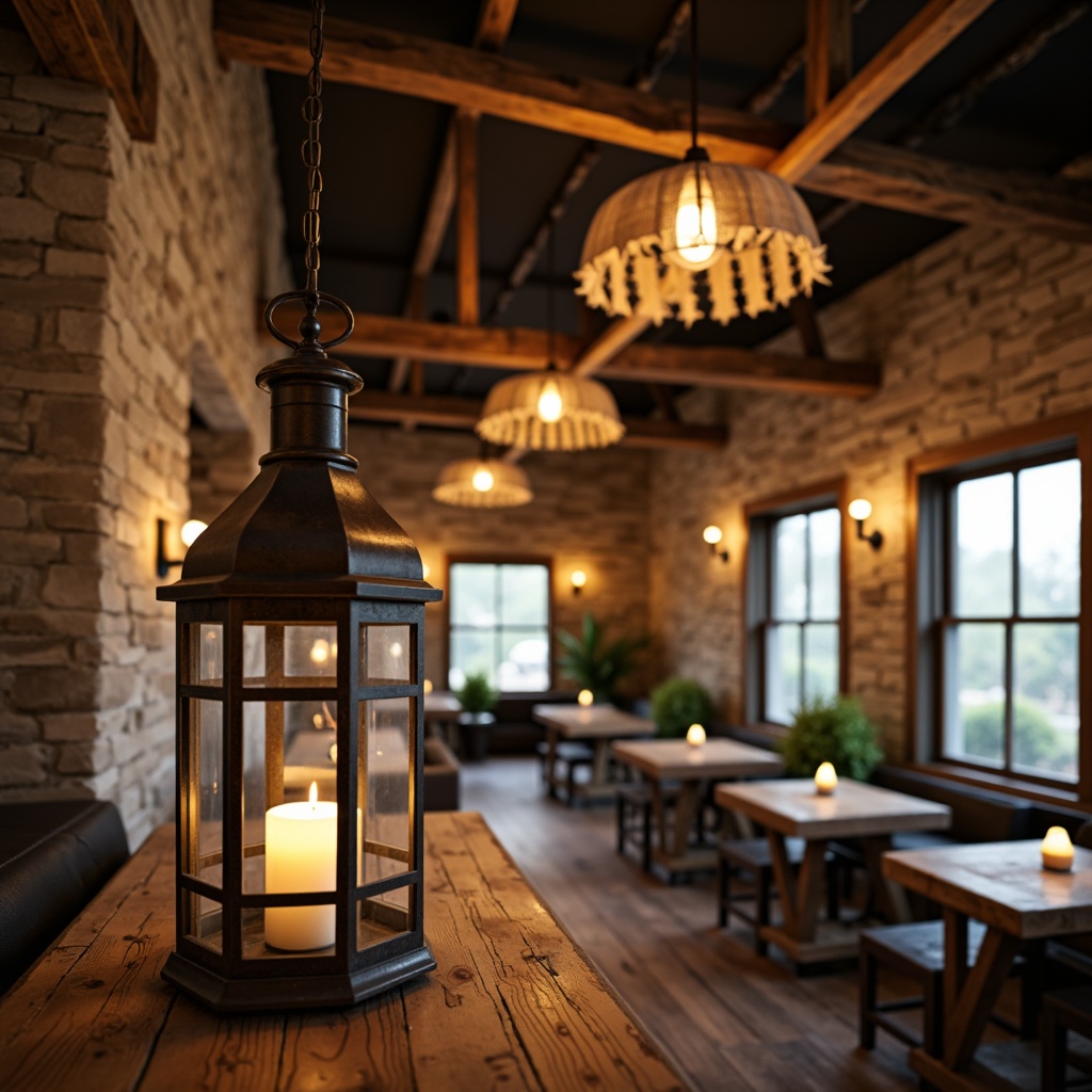 Prompt: Rustic farmhouse interior, vintage metal lanterns, distressed wooden beams, pendant lights with burlap shades, wrought iron chandeliers, candle-lit sconces, rustic wooden tables, natural stone walls, earthy color palette, warm cozy ambiance, soft golden lighting, shallow depth of field, 1/1 composition, intimate setting, realistic textures, ambient occlusion.