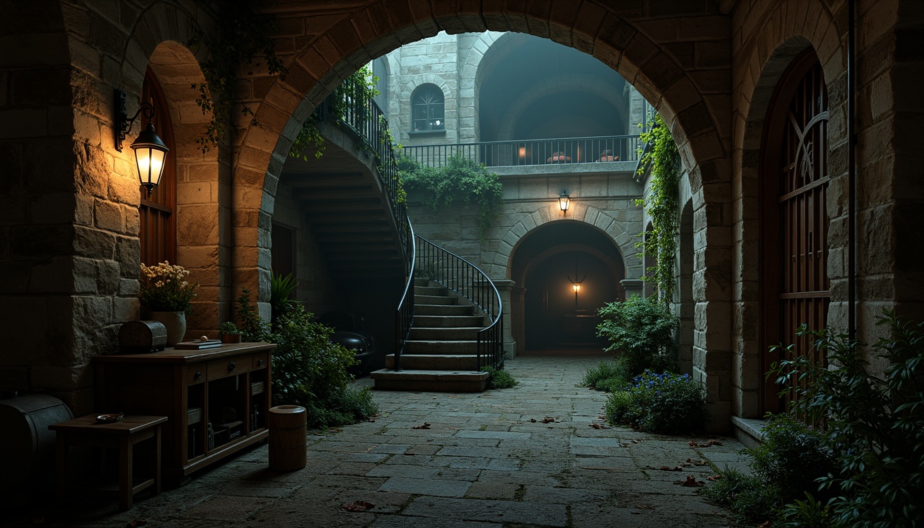 Prompt: Dark mysterious basement, gothic arches, stone walls, rusty metal gates, dim lantern lighting, eerie shadows, intricate stonework patterns, moss-covered brick floors, ornate iron railings, ancient wooden furniture, mysterious artifacts, dusty tomes, foggy atmosphere, soft warm glow, low-key dramatic lighting, cinematic composition, realistic textures, ambient occlusion.