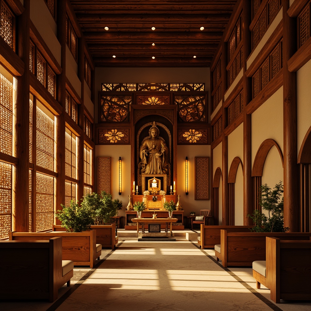 Prompt: Traditional Asian-style church, ornate wooden decorations, intricately carved panels, warm golden lighting, serene ambiance, acoustic sound-absorbing panels, woven bamboo textures, natural fiber materials, subtle Japanese-inspired patterns, minimalist design, elegant curved lines, sacred religious symbols, peaceful atmosphere, soft diffused lighting, shallow depth of field, 3/4 composition, realistic wood grain textures, ambient occlusion.