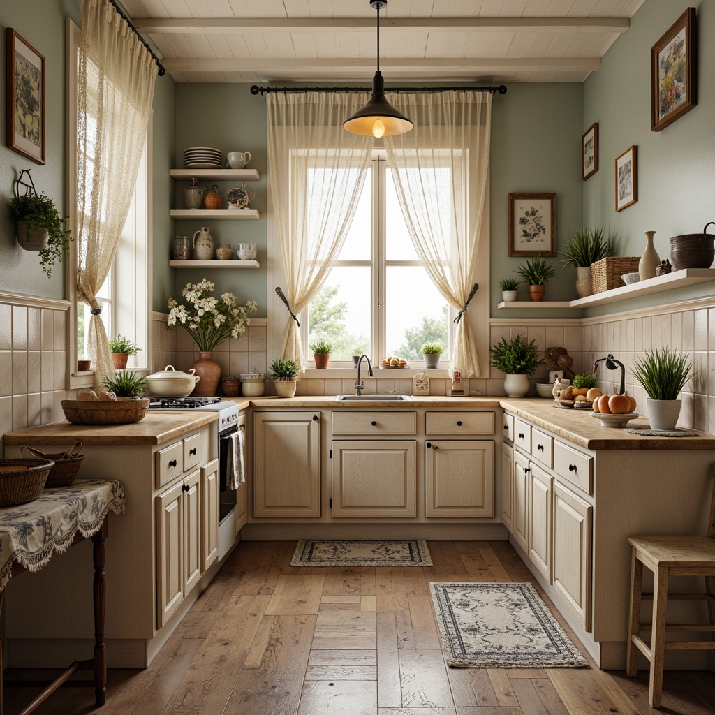 Prompt: Vintage-inspired kitchen, distressed wood cabinets, soft pastel colors, lace curtains, floral patterns, cotton fabrics, linen textures, rustic wooden tables, antique metalware, ornate ceramic tiles, warm beige tones, subtle sheen, natural light filtering, 3/4 composition, shallow depth of field, realistic renderings.