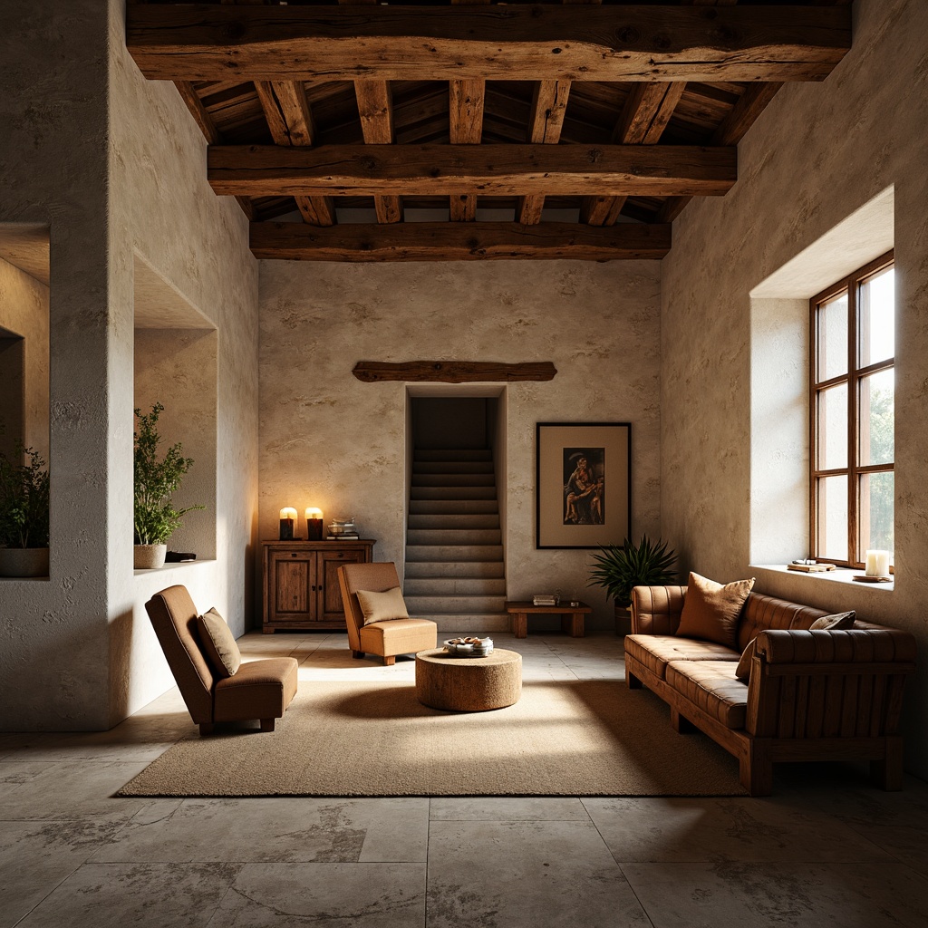 Prompt: Minimalist monastery interior, rustic wooden accents, stone walls, vaulted ceilings, natural light pouring in, handcrafted wooden furniture, distressed leather upholstery, woven textiles, earthy color palette, candlelit ambiance, soft warm glow, gentle shadows, 1/1 composition, intimate close-ups, realistic wood grain textures, subtle ambient occlusion.