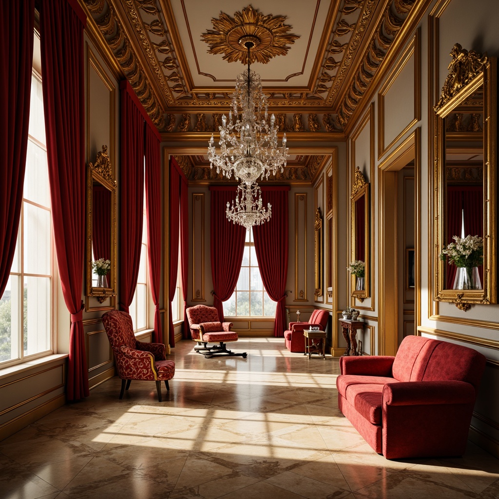 Prompt: Opulent baroque interior, rich velvet drapes, golden ornate mirrors, lavish crystal chandeliers, intricately carved wooden furniture, luxurious silk upholstery, bold red and gold accents, warm beige marble floors, soft creamy lighting, dramatic shadows, high contrast ratio, 1/2 composition, atmospheric perspective, realistic textures, subtle ambient occlusion.