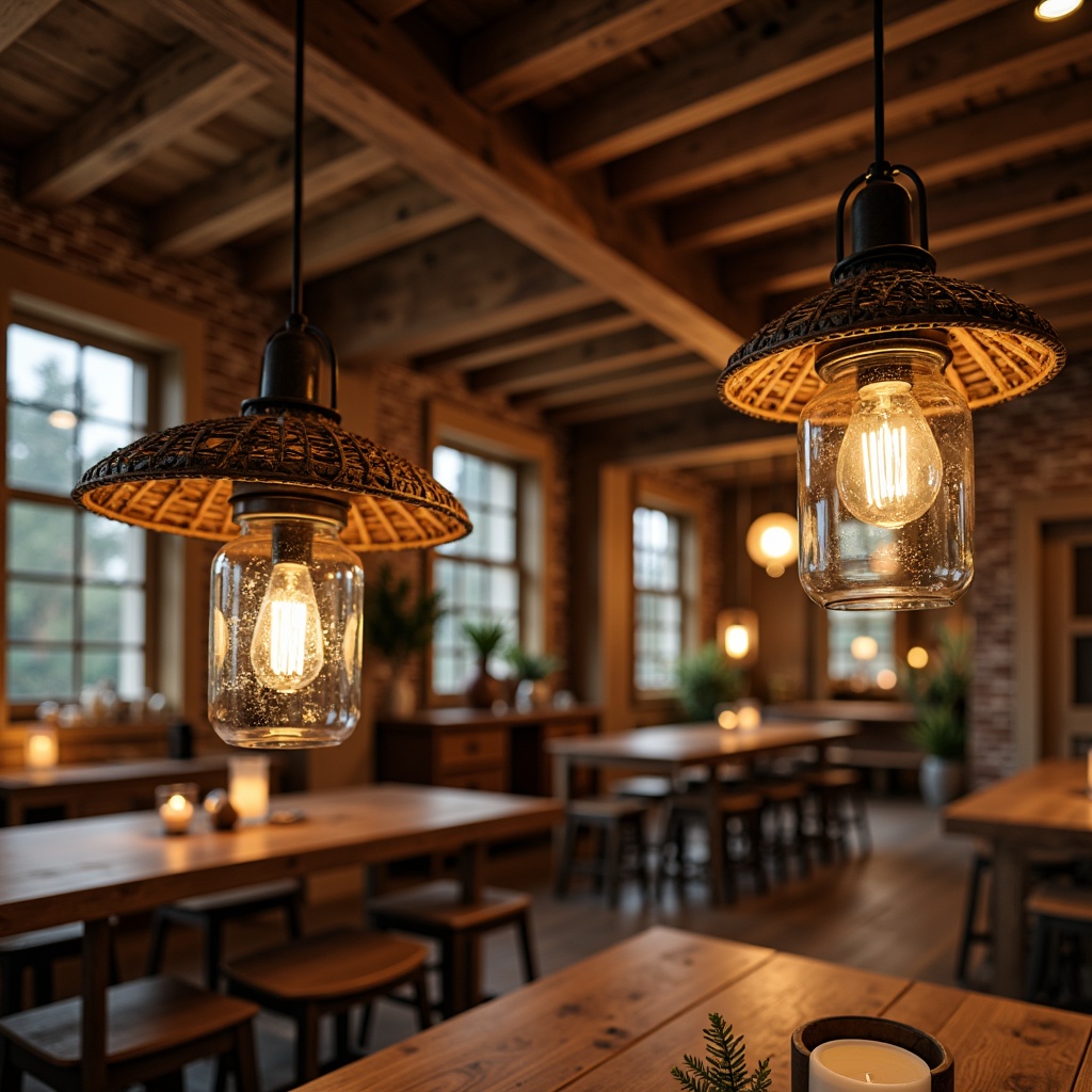 Prompt: Rustic farmhouse interior, vintage metal lanterns, distressed wooden beams, warm candlelight, pendant lights made from mason jars, antique copper fixtures, Edison bulbs, natural linen shades, woven rattan details, earthy color palette, cozy nooks, exposed brick walls, reclaimed wood accents, soft warm lighting, shallow depth of field, 1/1 composition, realistic textures, ambient occlusion.