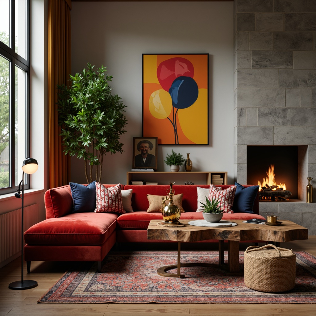 Prompt: Cozy living room, plush velvet sofa, vibrant throw pillows, rustic wooden coffee table, ornate metal lamp, soft warm lighting, textured rug, patterned curtains, floor-to-ceiling windows, natural stone fireplace, modern minimalist decor, bold colorful artwork, geometric-patterned vases, luscious greenery, shallow depth of field, 1/1 composition, realistic textures, ambient occlusion.