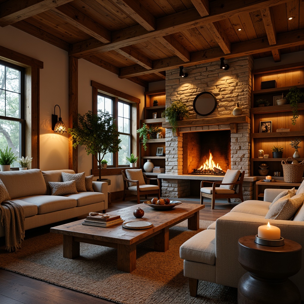 Prompt: Rustic farmhouse, warm golden lighting, soft candle glow, vintage metal lanterns, distressed wood accents, earthy tone colors, cozy living spaces, plush furnishings, natural textiles, woven baskets, exposed wooden beams, stone fireplaces, country-inspired decor, warm ambient lighting, subtle shadows, 1/1 composition, intimate atmosphere, realistic textures.