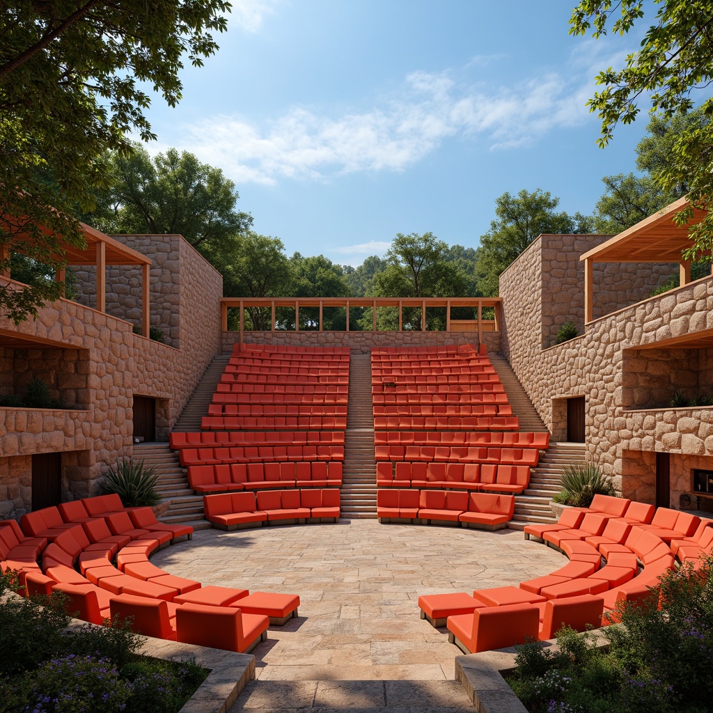 Prompt: Vibrant amphitheater, sunset-inspired color scheme, warm earthy tones, terracotta red seats, natural stone walls, lush greenery surroundings, blue skies above, soft warm lighting, shallow depth of field, 3/4 composition, panoramic view, realistic textures, ambient occlusion.