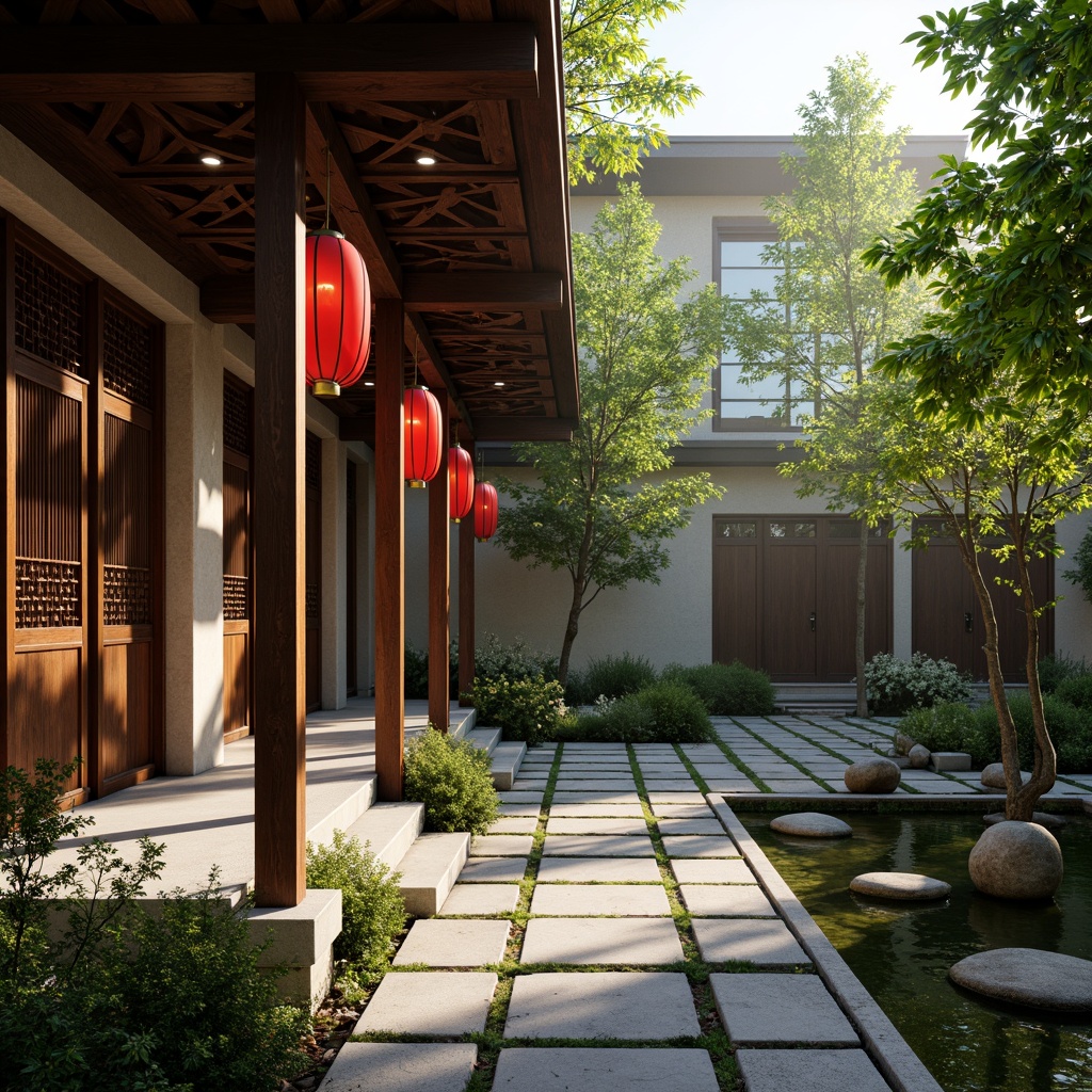 Prompt: Serenity-filled Buddhist temple, intricately carved wooden doors, vibrant red lanterns, peaceful courtyard, lush green bamboo gardens, natural stone pathways, tranquil water features, rustic wooden accents, minimal ornamentation, subtle lighting, warm golden tones, soft misty atmosphere, 1/2 composition, intimate close-up shots, realistic wood textures, ambient occlusion.