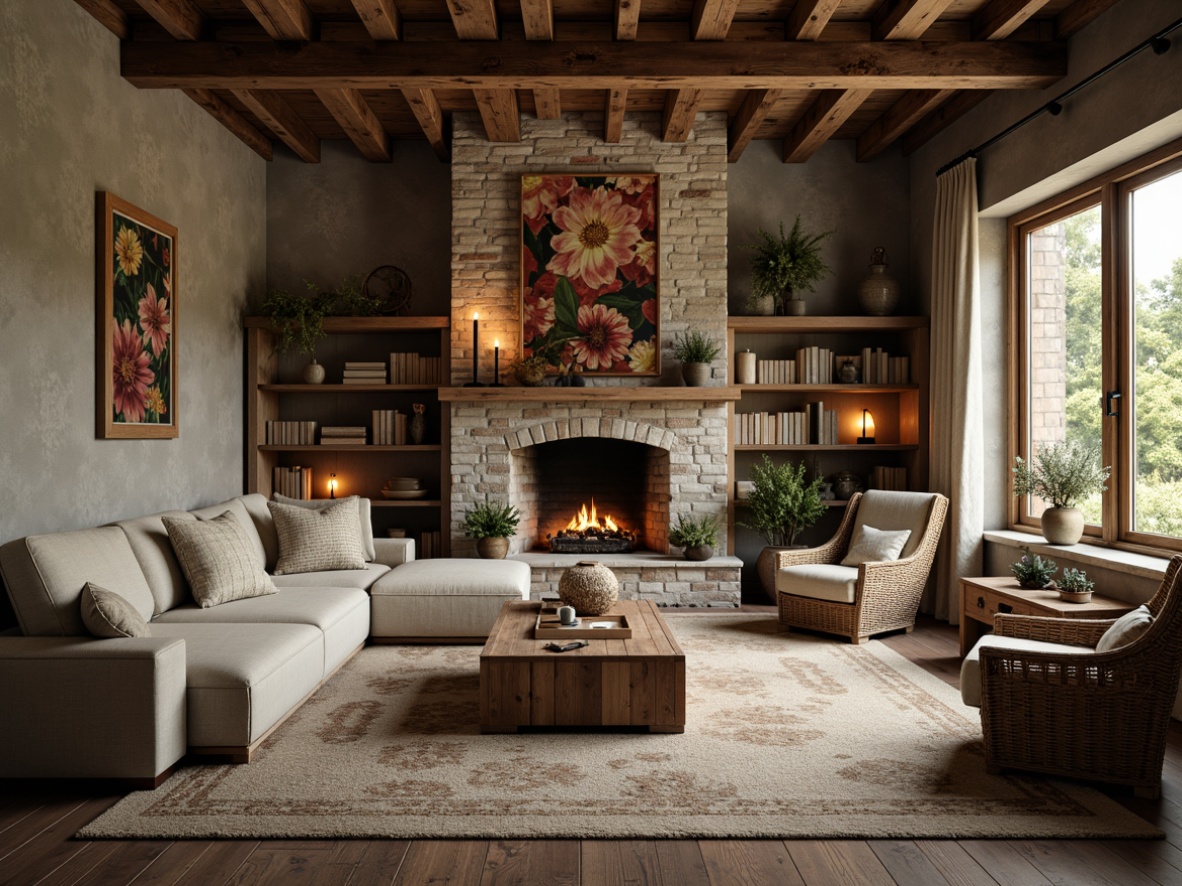 Prompt: Rustic farmhouse, distressed wood accents, vintage metal decor, earthy color palette, natural stone walls, exposed wooden beams, reclaimed barnwood flooring, plush area rugs, linen upholstery, soft candlelight, warm cozy atmosphere, 1/1 composition, shallow depth of field, realistic textures, ambient occlusion.