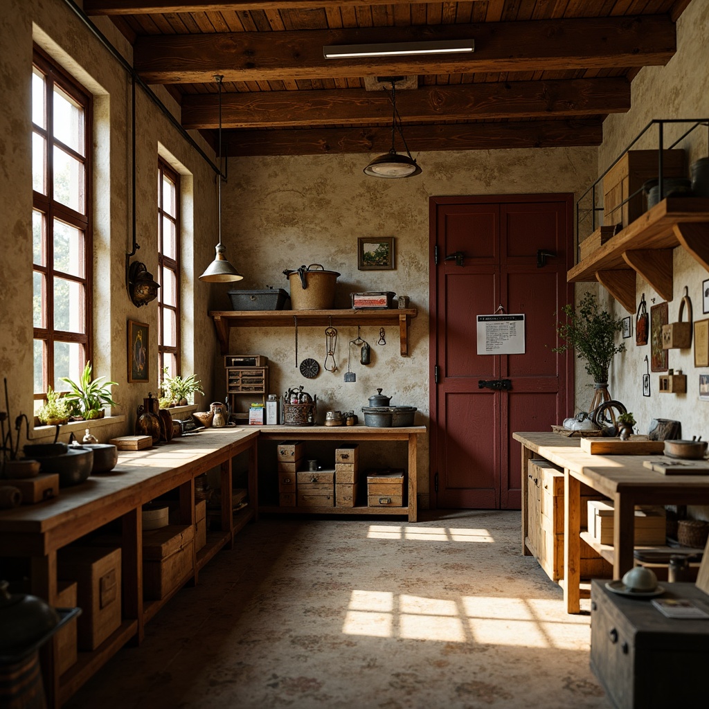 Prompt: Vintage workshop, distressed wood textures, rusty metal accents, earthy color palette, warm beige tones, rich walnut brown, deep crimson red, muted golden yellow, soft creamy white, natural stone walls, wooden workbenches, metal toolboxes, scattered papers, old-fashioned lighting fixtures, warm softbox lighting, shallow depth of field, 1/1 composition, realistic textures, ambient occlusion.