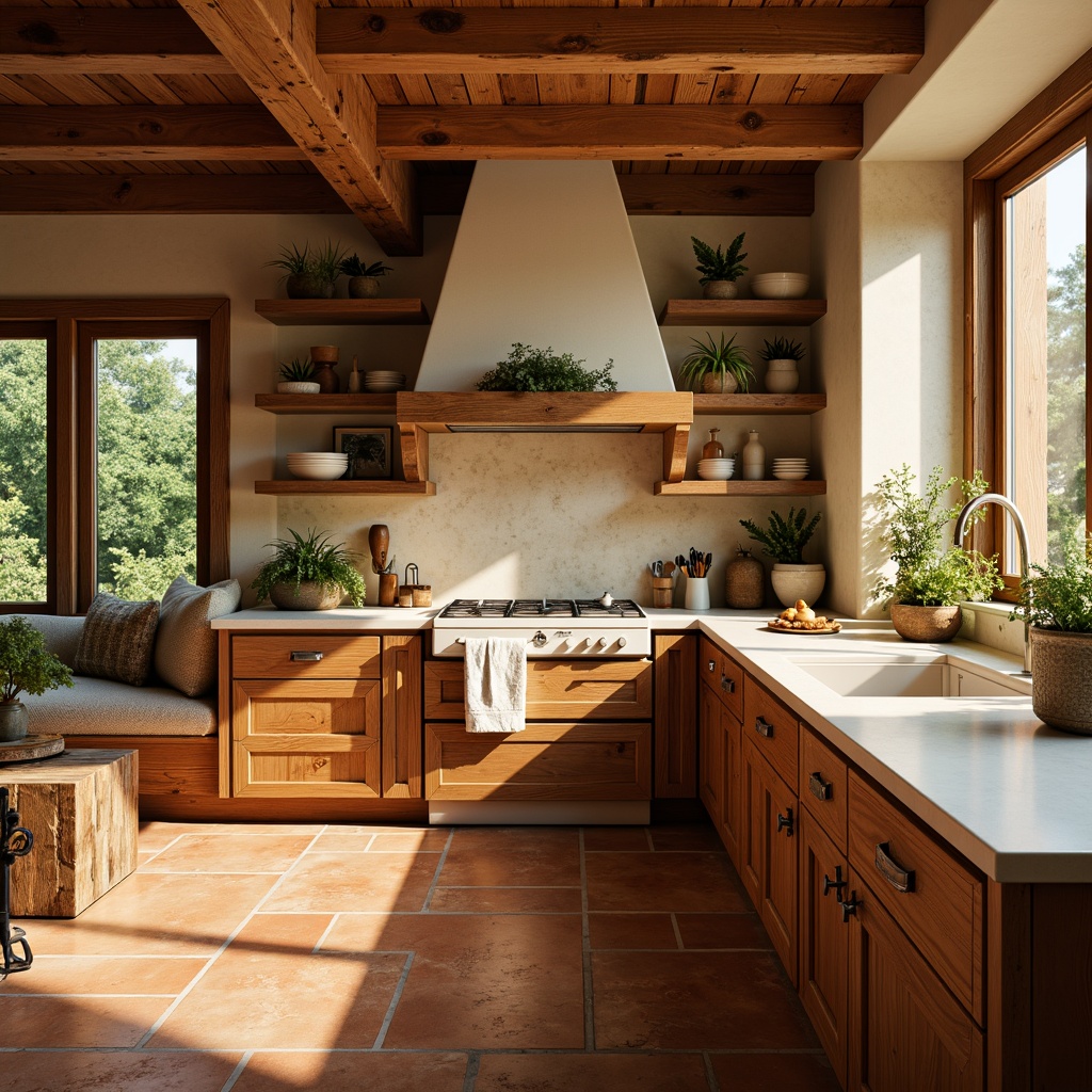 Prompt: Warm kitchen atmosphere, rich wood cabinetry, creamy white countertops, soft golden lighting, earthy terracotta flooring, rustic metal accents, vibrant greenery, natural stone backsplash, warm beige walls, cozy breakfast nook, 1/1 composition, shallow depth of field, realistic textures, ambient occlusion.