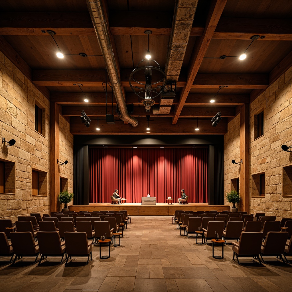 Prompt: Rustic performing arts center, textured walls, reclaimed wood accents, earthy tones, natural stone flooring, wooden beams, exposed ductwork, industrial chic lighting, cozy atmosphere, intimate stage settings, comfortable seating areas, rich velvet curtains, ornate metal fixtures, warm golden lighting, shallow depth of field, 1/2 composition, realistic textures, ambient occlusion.