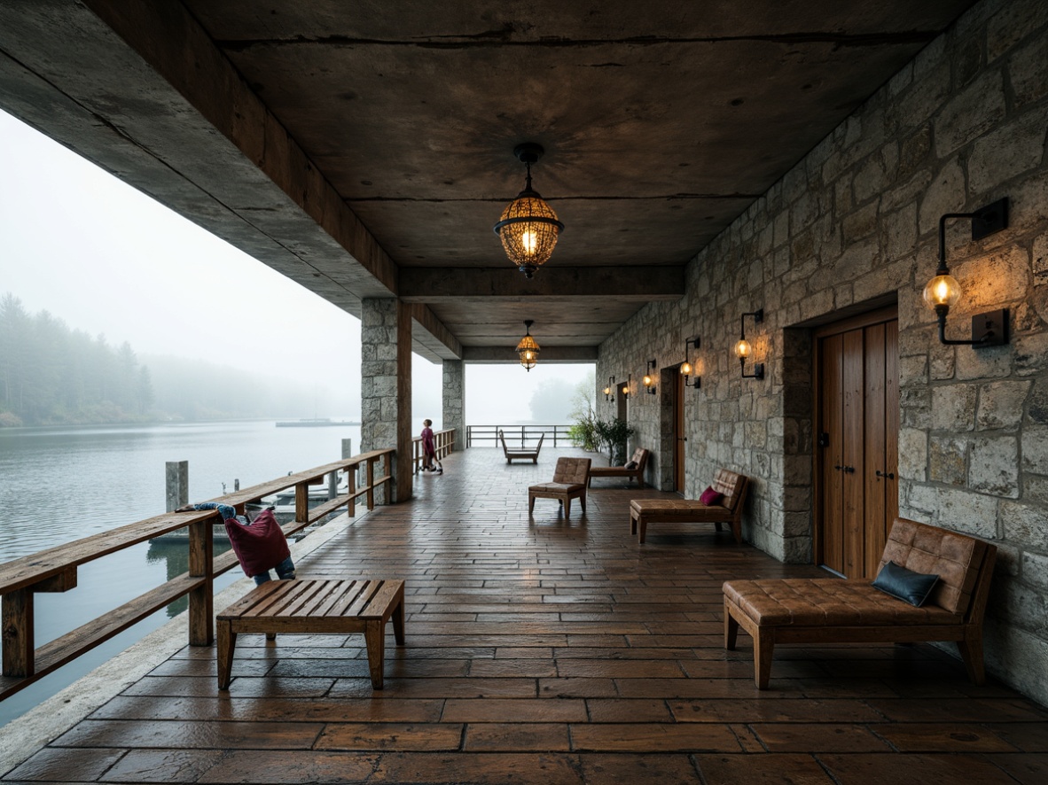 Prompt: Rustic boathouse, exposed concrete structure, brutalist architecture, weathered wooden dock, distressed metal accents, industrial-style lighting, rough-hewn stone walls, water-eroded surfaces, nautical-themed decorations, vintage sailing equipment, worn wooden floors, earthy color palette, misty lake surroundings, overcast sky, dramatic shadows, high contrast ratio, 1/2 composition, cinematic perspective, realistic weathering effects.