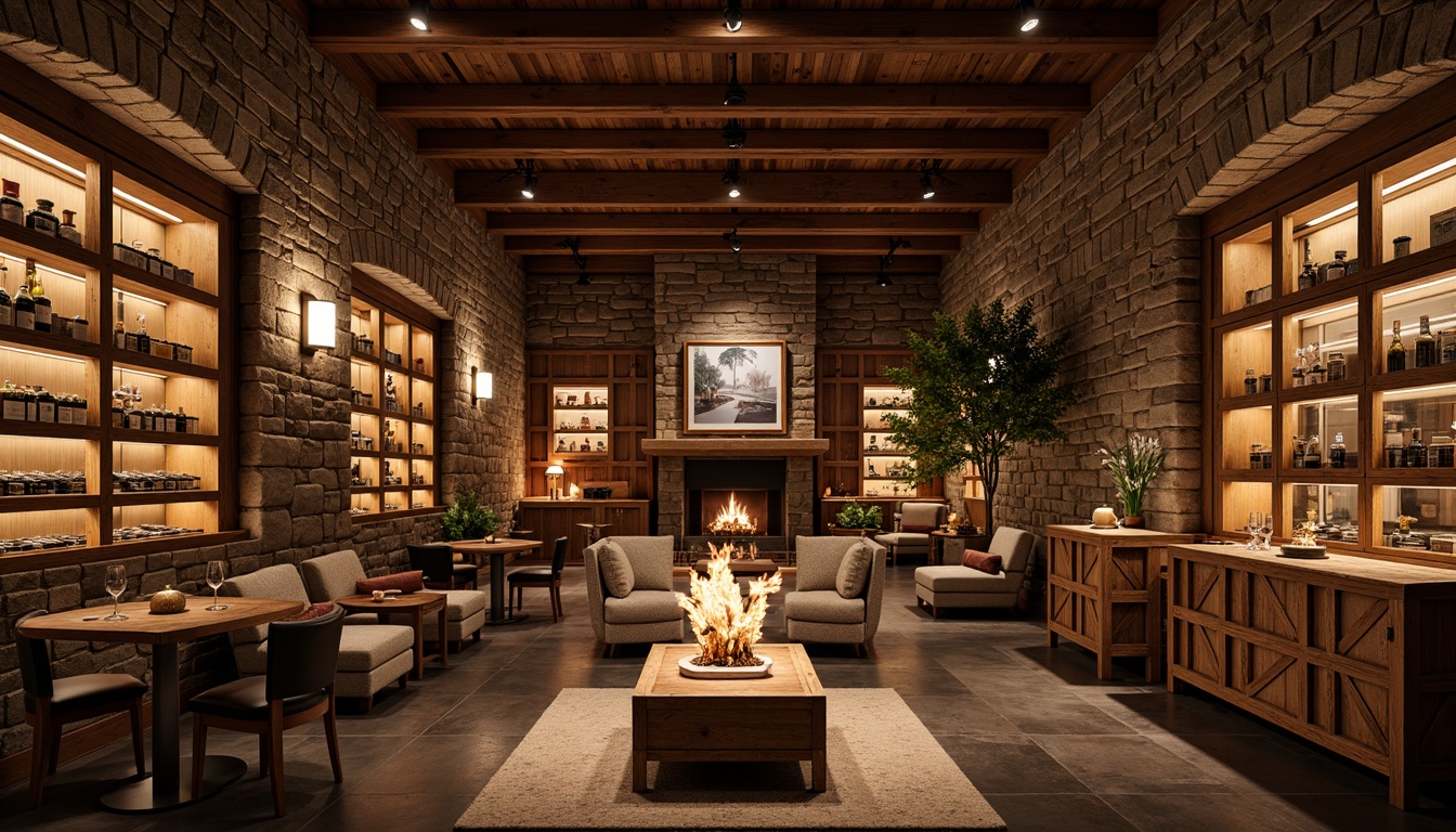 Prompt: Elegant wine cellar, rustic stone walls, wooden crates, ambient warm lighting, soft glowing lanterns, dimmable LED strips, glass-enclosed wine racks, polished metal shelves, rich wood accents, vintage wine barrels, intimate seating areas, cozy fireplaces, earthy tones, dramatic high ceilings, spotlights on wine displays, warm color temperatures, low-key backlighting, subtle shadows, luxurious textiles, refined industrial design.