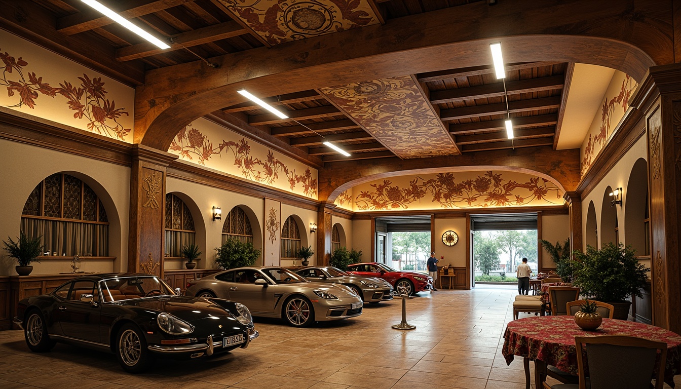 Prompt: Opulent garage interior, sweeping curved lines, ornate metalwork, flowing organic shapes, sinuous patterns, elegant archways, luxurious materials, rich wood accents, velvety soft lighting, warm earthy tones, vintage car displays, polished chrome fixtures, intricate stenciling, whimsical botanical motifs, airy vaulted ceilings, decorative plaster molding, lavish furnishings, sumptuous textiles, 1/1 composition, low-key warm lighting, soft focus, cinematic atmosphere.