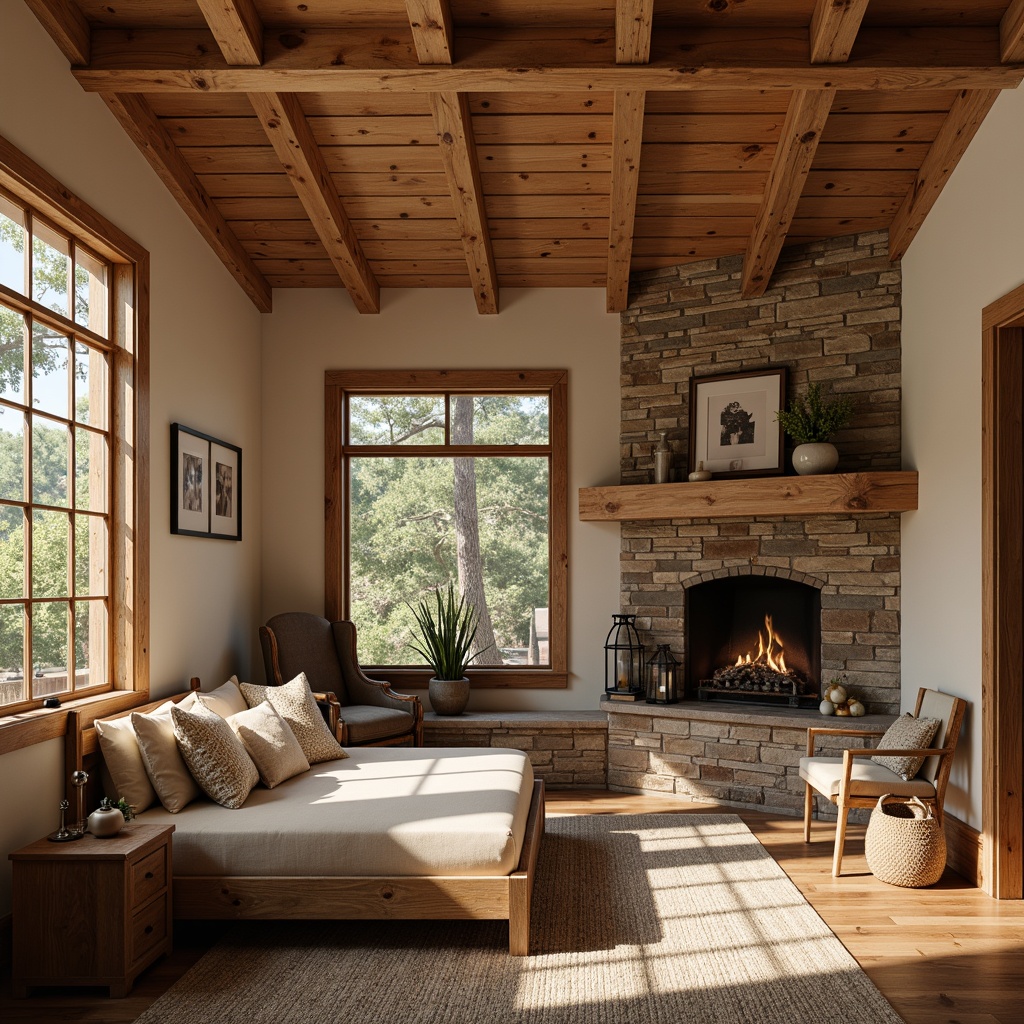 Prompt: Rustic wooden bedroom, craftsman style furniture, oak wood grain, warm beige tones, plush area rug, natural stone fireplace, reclaimed wood accent wall, vintage metal lanterns, earthy color palette, cozy reading nook, wooden window frames, soft diffused lighting, 1/1 composition, shallow depth of field, realistic textures, ambient occlusion.