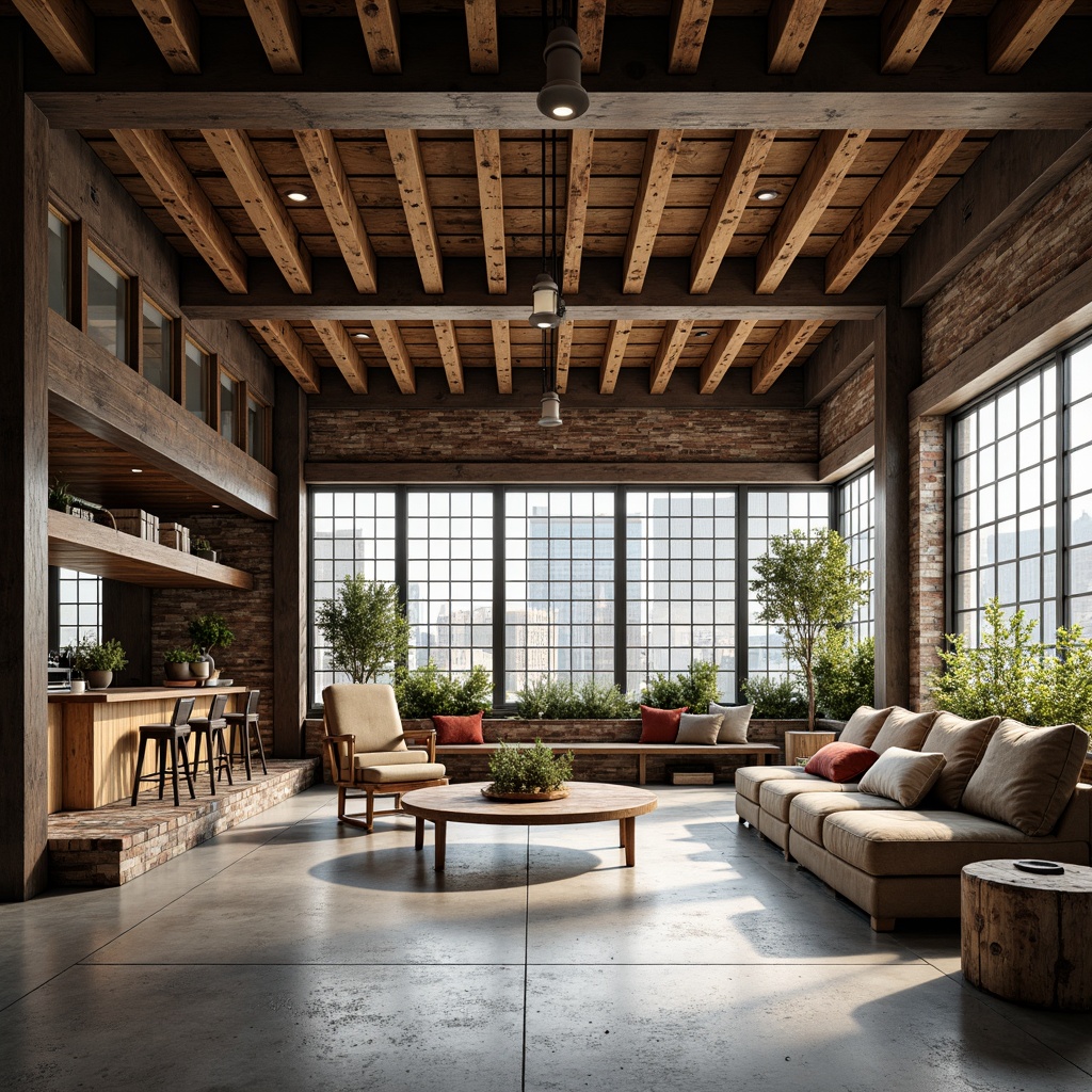 Prompt: Rustic industrial space, exposed beams, distressed wood textures, metal accents, urban loft atmosphere, high ceilings, large windows, natural light, concrete floors, reclaimed wood furniture, minimalist decor, functional lighting, steel columns, brick walls, earthy color palette, warm ambient lighting, shallow depth of field, 1/2 composition, realistic render.