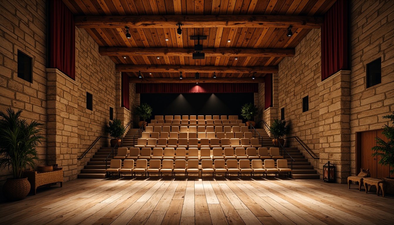 Prompt: Rustic performing arts center, wooden beam ceilings, stone walls, distressed wood flooring, vintage theater seats, dimmable stage lighting, rustic metal fixtures, earthy color palette, natural textiles, woven baskets, reclaimed wood accents, cozy atmosphere, warm spotlights, 3/4 composition, shallow depth of field, realistic textures, ambient occlusion.