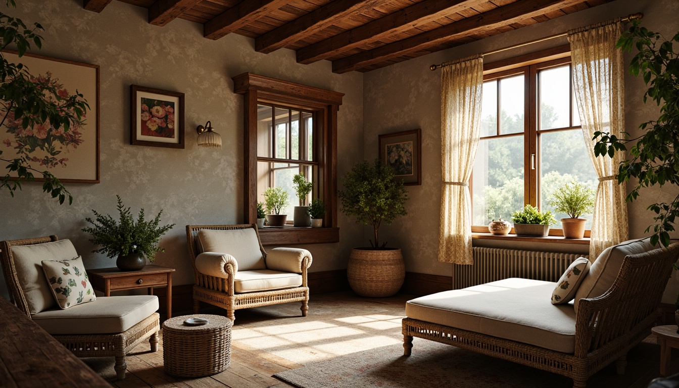 Prompt: Rustic farmhouse, ornate Art Nouveau details, vintage textiles, floral patterns, distressed wood accents, earthy tones, natural fabrics, woven baskets, handmade ceramics, botanical prints, lace curtains, linen upholstery, velvet pillows, antique furniture, ornate metalwork, soft warm lighting, shallow depth of field, 1/1 composition, intimate atmosphere, realistic textures, ambient occlusion.