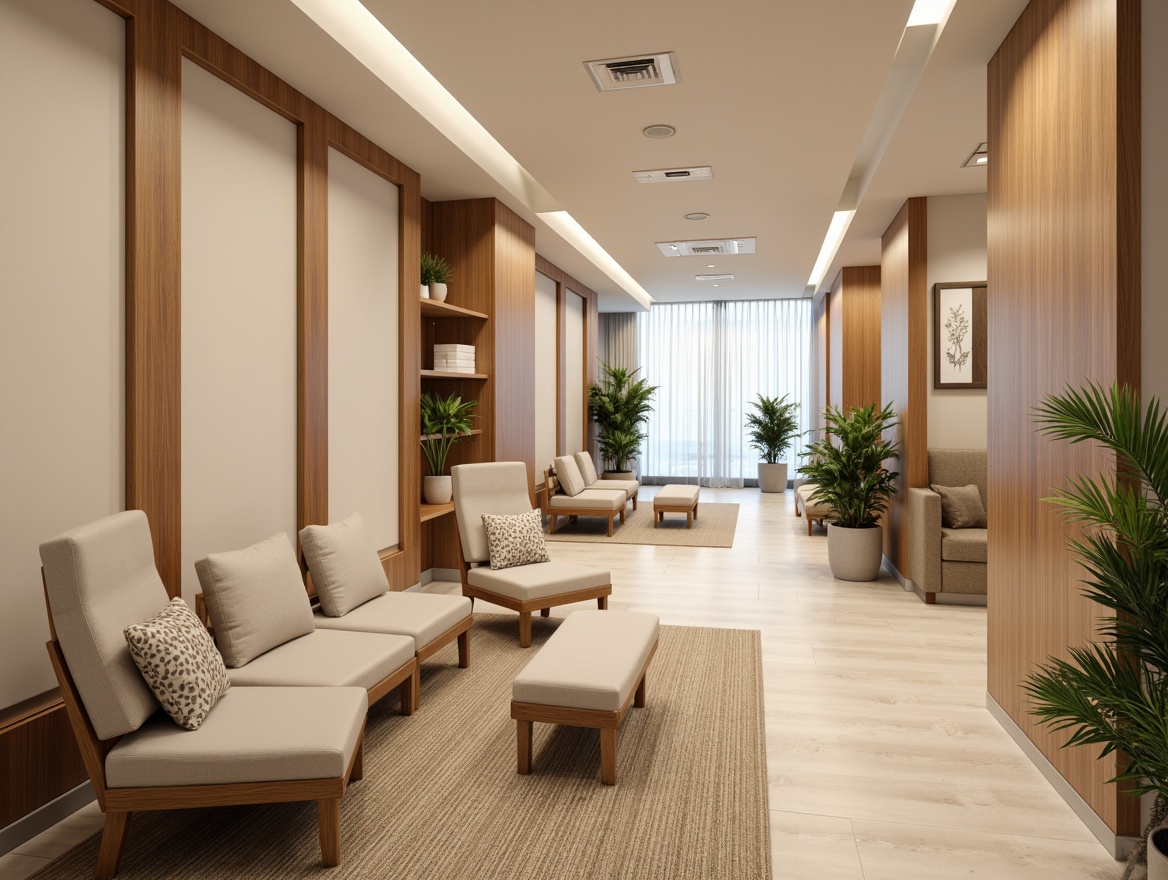 Prompt: Calming healthcare facility, soft beige walls, comfortable seating areas, warm wood accents, natural fiber rugs, soothing sound-absorbing panels, minimalist decor, gentle LED lighting, quiet atmosphere, peaceful waiting rooms, calming color schemes, acoustic ceiling tiles, sound-dampening curtains, relaxation zones, nature-inspired artwork, serene music playlists, ergonomic furniture, stress-reducing water features, calming scents, warm neutral tones, 1/2 composition, soft focus, natural textures.