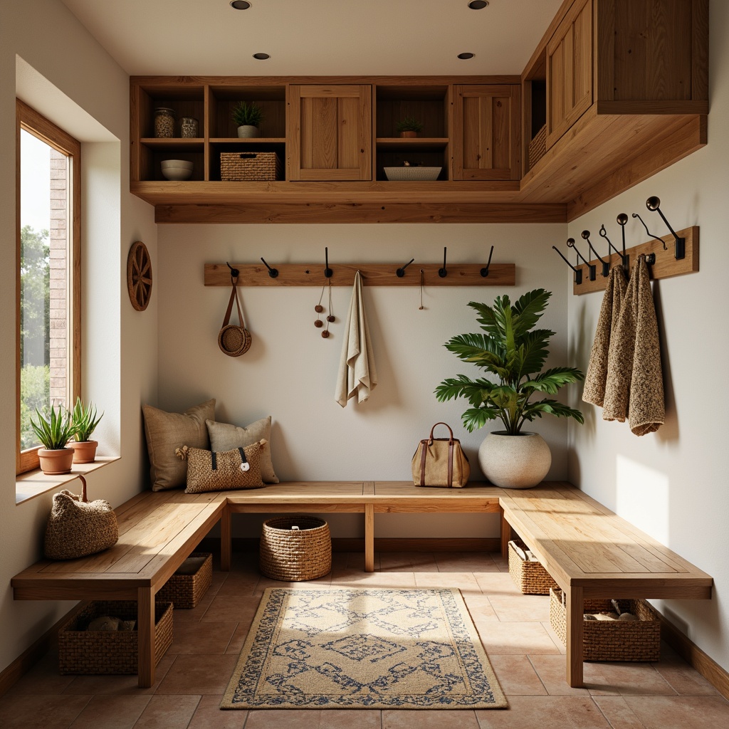 Prompt: Warm mid-century modern mudroom, natural wood accents, sleek minimalist benches, woven wicker baskets, industrial metal hooks, rustic ceramic tiles, earthy terracotta pots, lush greenery, geometric patterned rugs, warm beige walls, soft warm lighting, 1/1 composition, shallow depth of field, realistic textures, ambient occlusion.