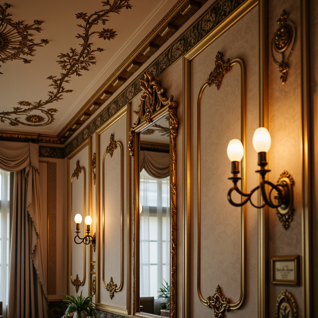 Prompt: Intricate ornamental moldings, luxurious golden accents, elegant curves, sophisticated floral patterns, opulent interior design, lavish decorative elements, refined architectural details, grandiose ceilings, exquisite chandeliers, soft warm lighting, shallow depth of field, 3/4 composition, realistic textures, ambient occlusion.